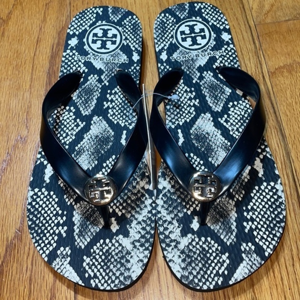 Tory Burch Classic Snake Reptile Preppy Perfect Black Thong Flip Flop Sandals - Picture 5 of 15